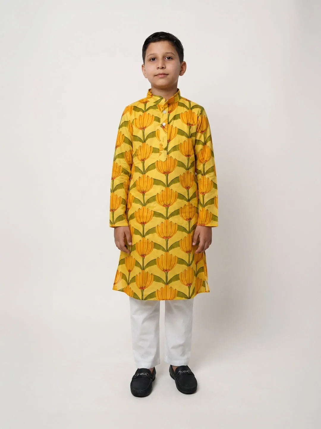 Yellow Floral Cotton Kurta Pajama Boys