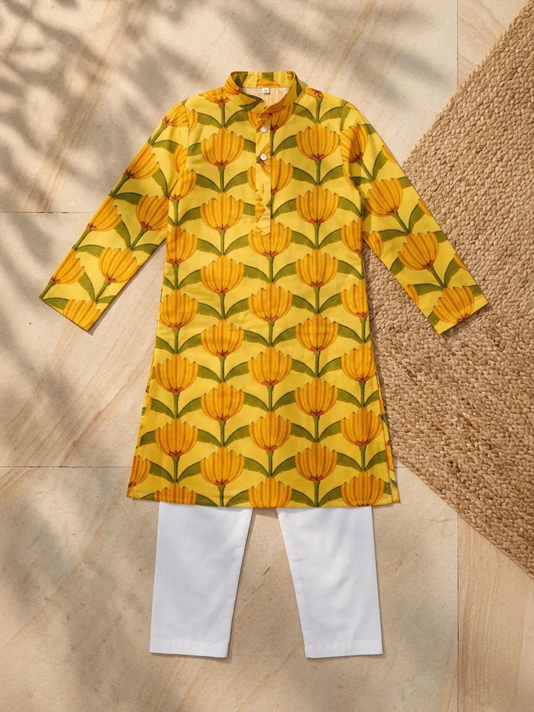 Yellow Floral Cotton Kurta Pajama Boys