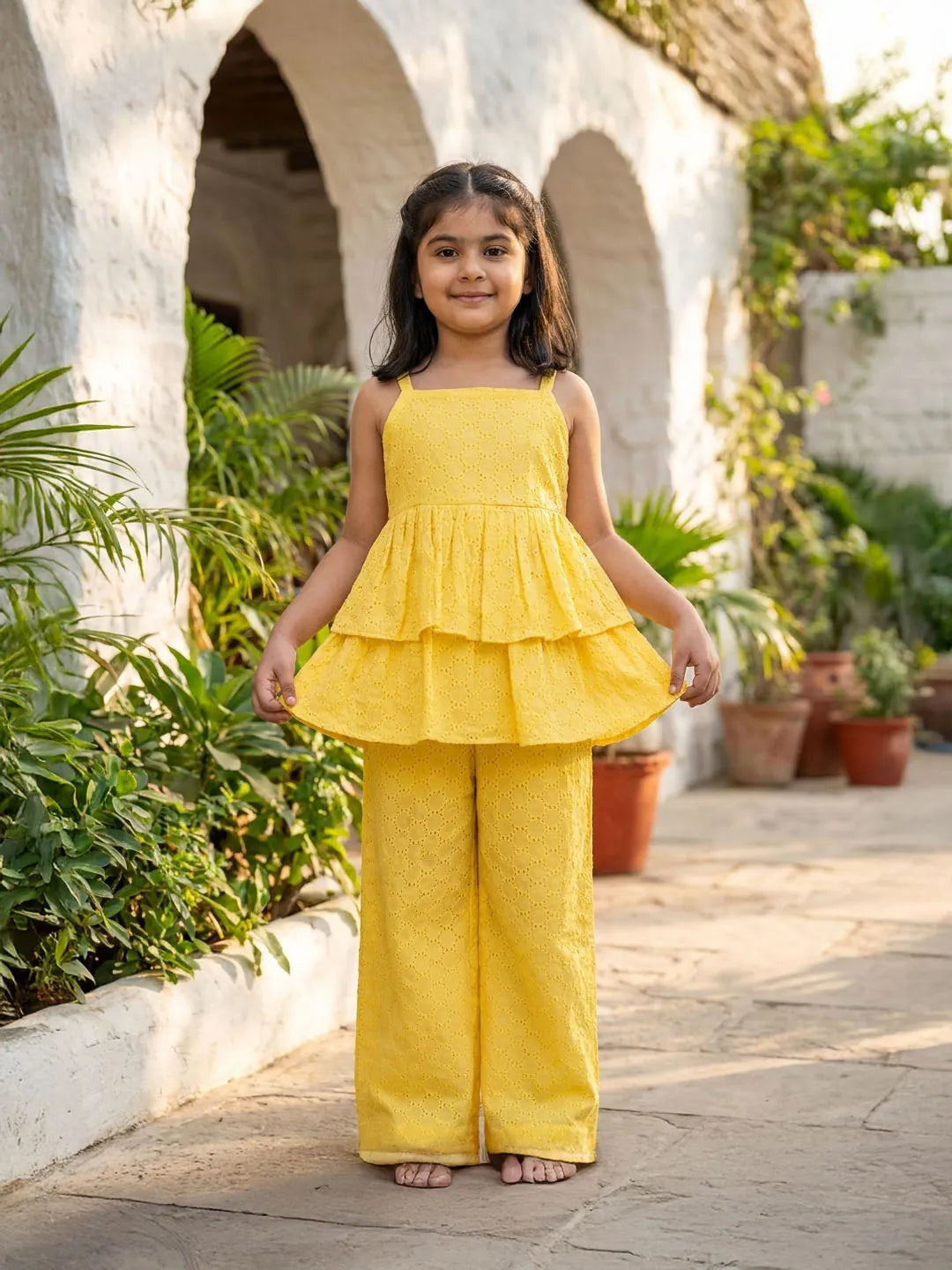 Yellow Schiffli coord set for girls