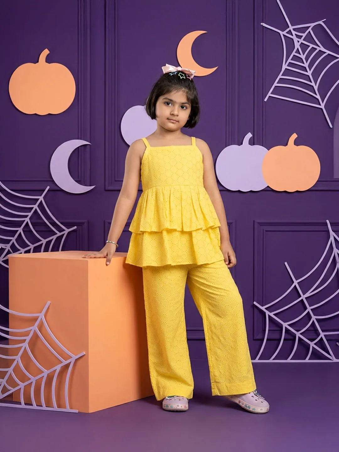 Yellow Schiffli coord set for girls