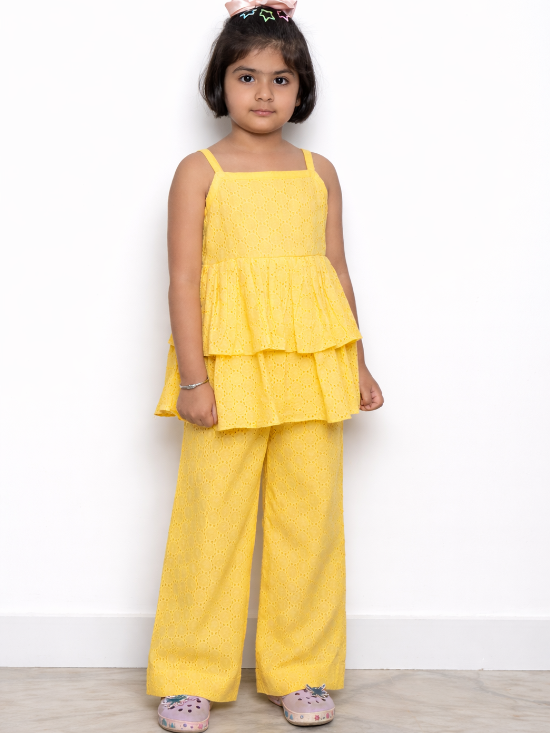 Yellow Schiffli coord set for girls