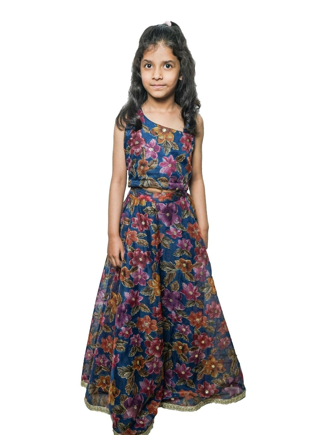 Blue embroidered organza lehenga for girls