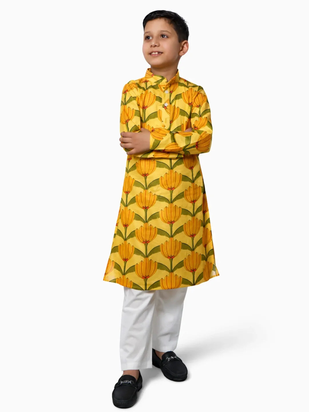 Yellow Floral Cotton Kurta Pajama Boys