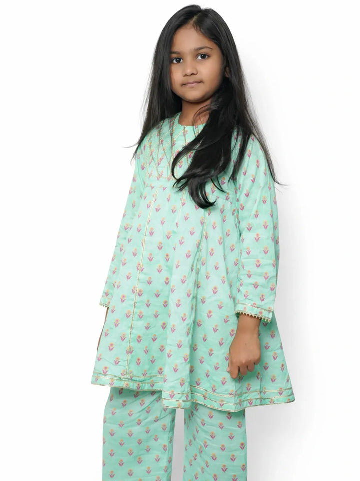 Sea green cotton suit for girls