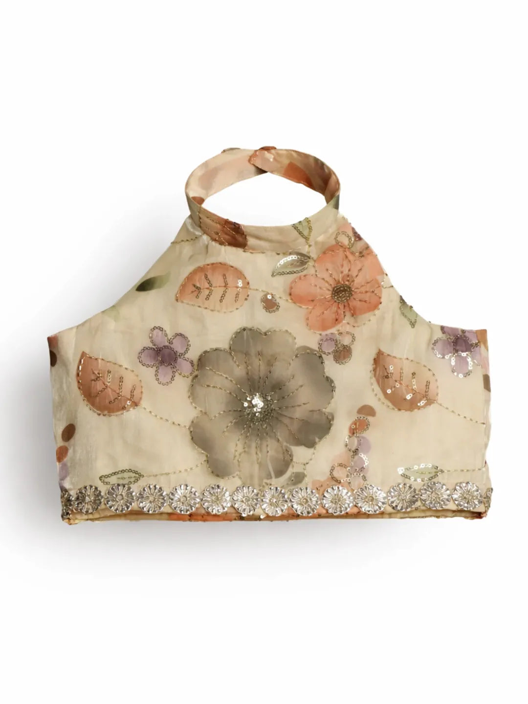 Lehenga with halter neck blouse. Fabric embroidered Jimmy chhoo