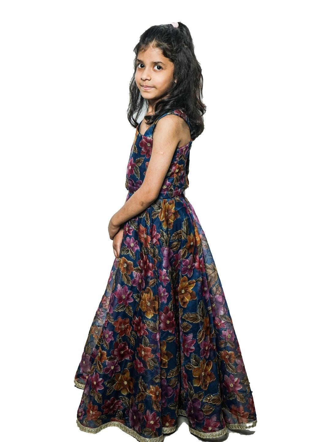 Blue embroidered organza lehenga for girls