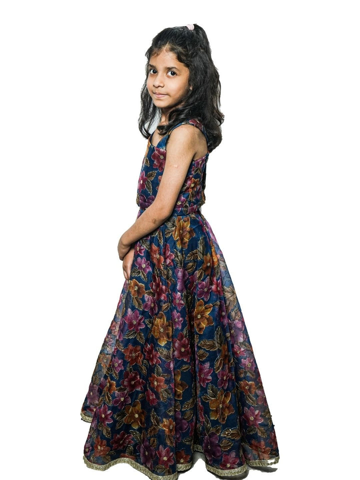 Blue embroidered organza lehenga for girls