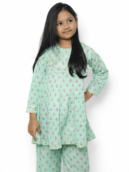Sea green cotton suit for girls
