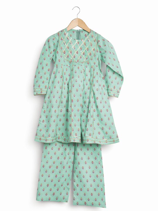 Sea green cotton suit for girls