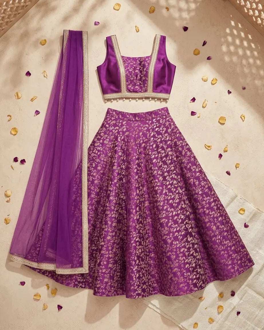 Garba Princess – Purple Banarasi Brocade Lehenga for Girls