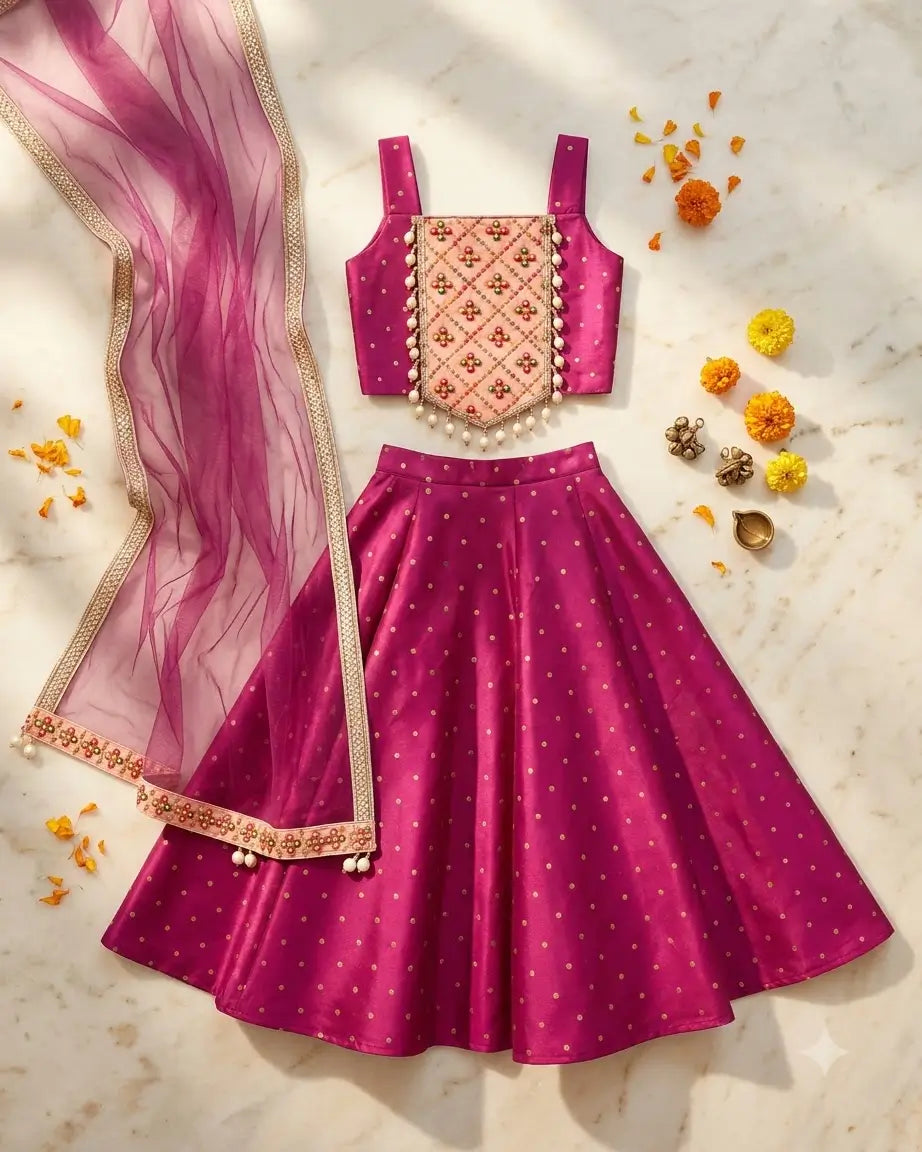 Chania Charm – Red Embroidered Lehenga for Girls