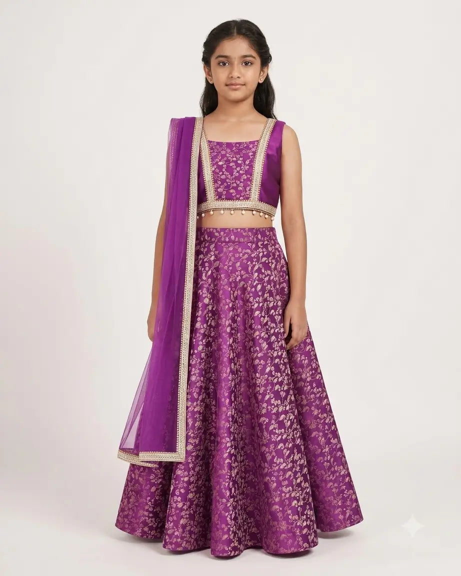 Garba Princess – Purple Banarasi Brocade Lehenga for Girls