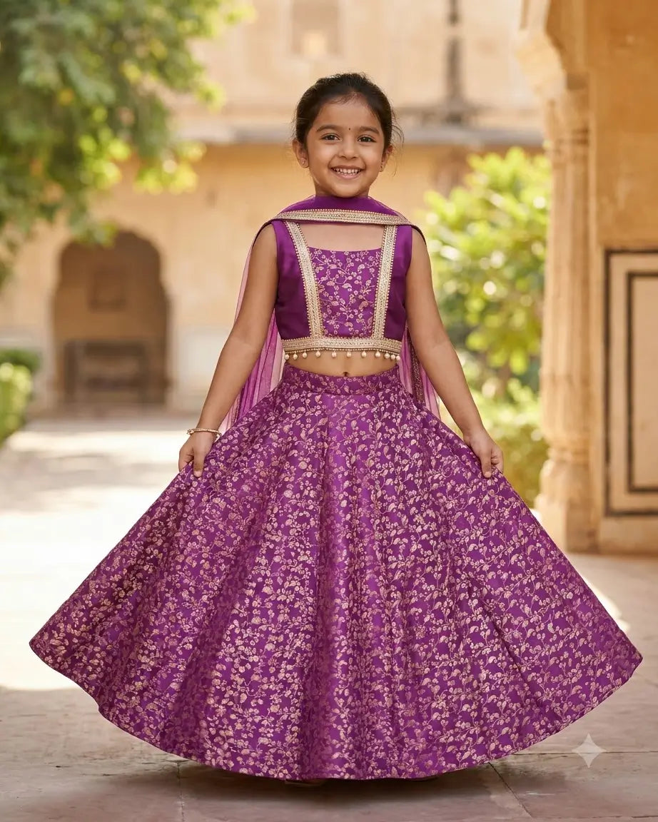 Garba Princess – Purple Banarasi Brocade Lehenga for Girls