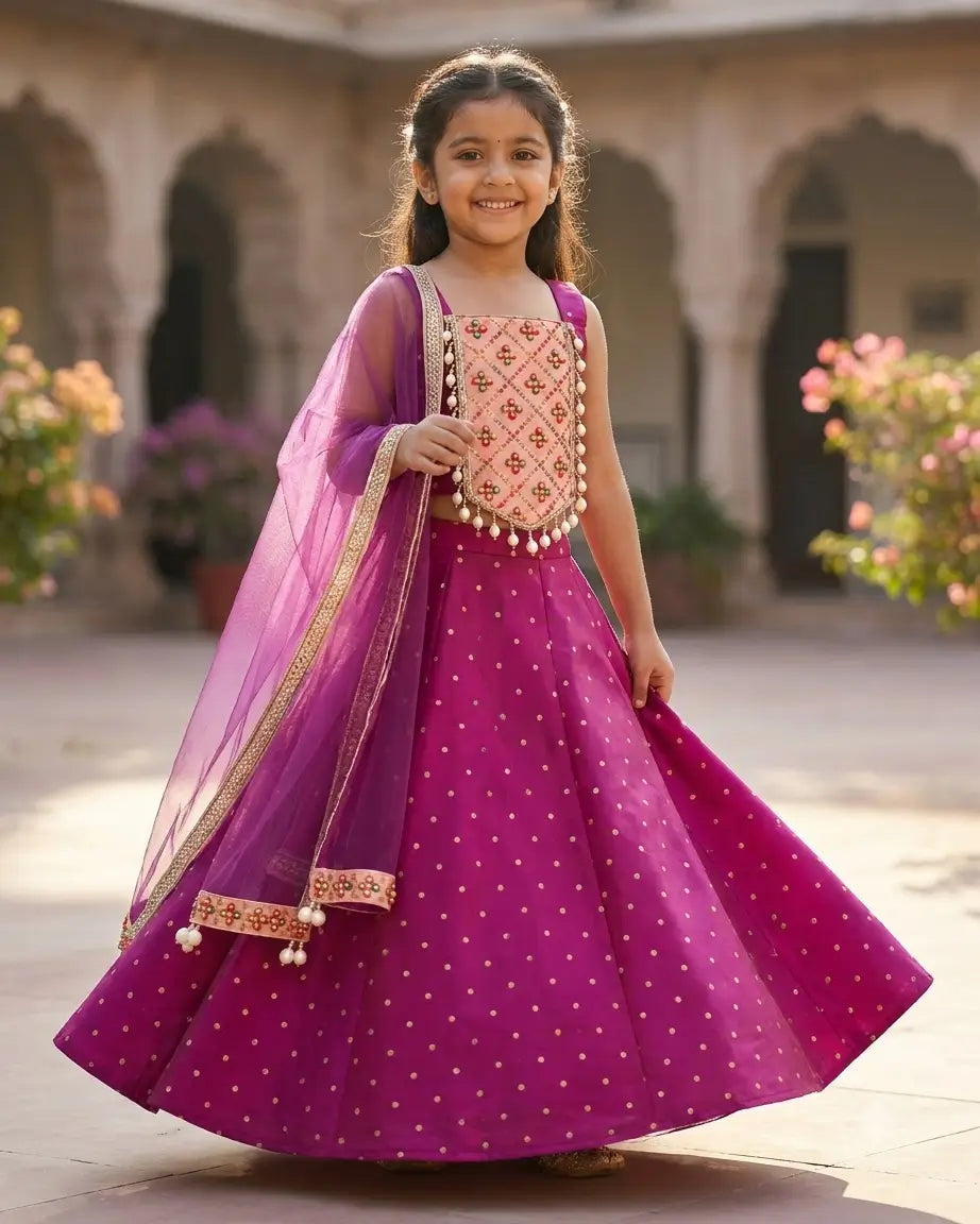 Chania Charm – Red Embroidered Lehenga for Girls