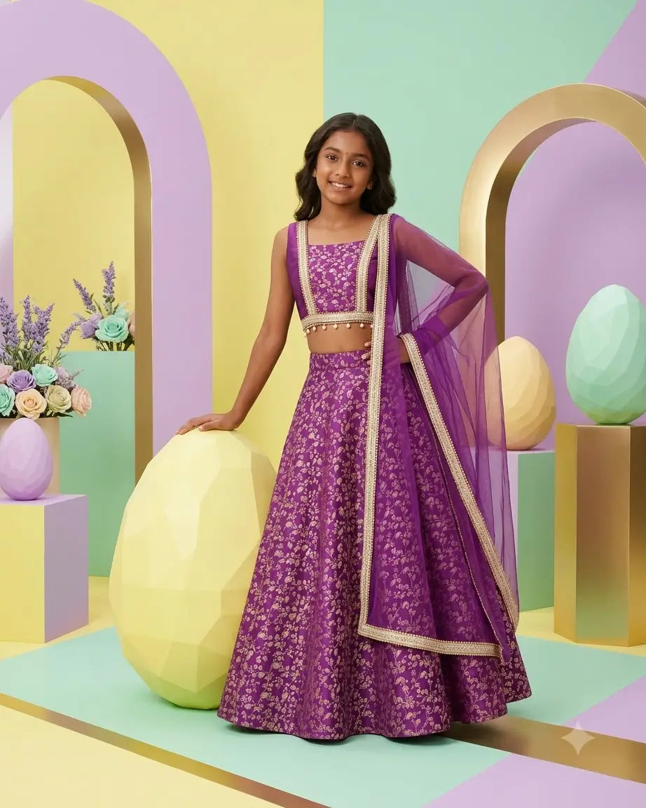 Garba Princess – Purple Banarasi Brocade Lehenga for Girls