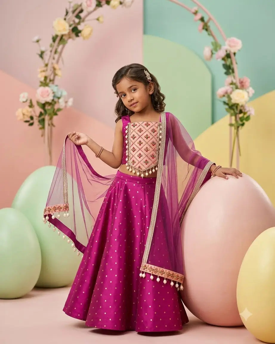Chania Charm – Red Embroidered Lehenga for Girls