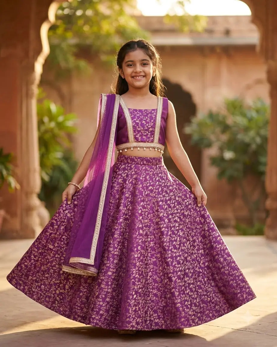 Garba Princess – Purple Banarasi Brocade Lehenga for Girls
