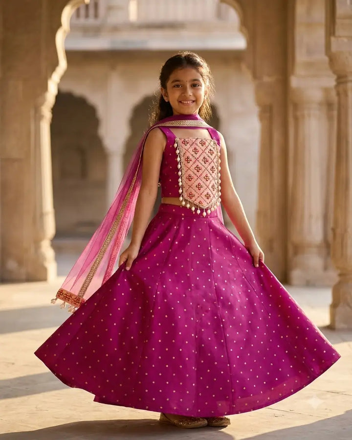 Chania Charm – Red Embroidered Lehenga for Girls