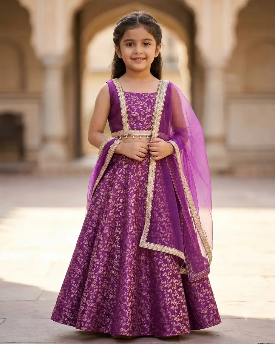 Garba Princess – Purple Banarasi Brocade Lehenga for Girls