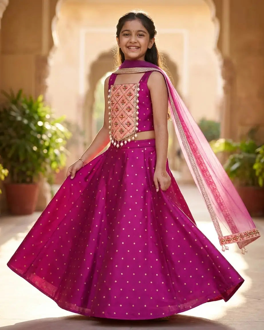 Chania Charm – Red Embroidered Lehenga for Girls